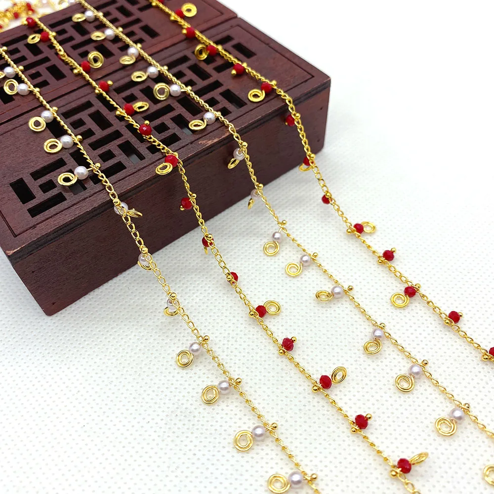 

Metal Copper Color Chain Imitation Pearl Red Crystal Pendant Decorative Chain Wholesale Fashion Handicraft Jewelry Accessories
