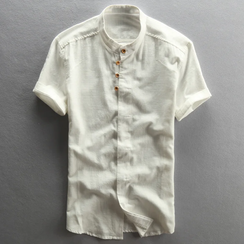 Мужская винтажная рубашка с воротником короткими рукавами из хлопка льна белого