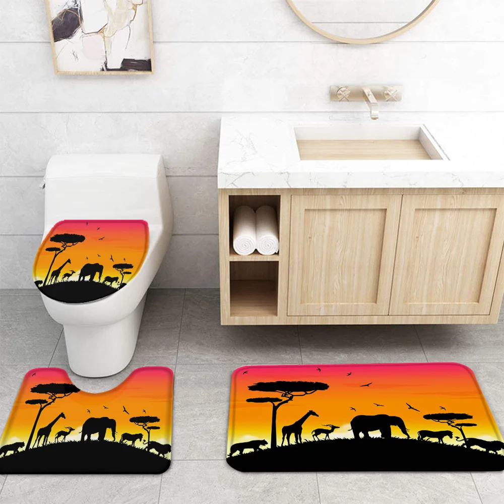 Птица слон жираф деревья закат занавеска для душа сиденье унитаза набор