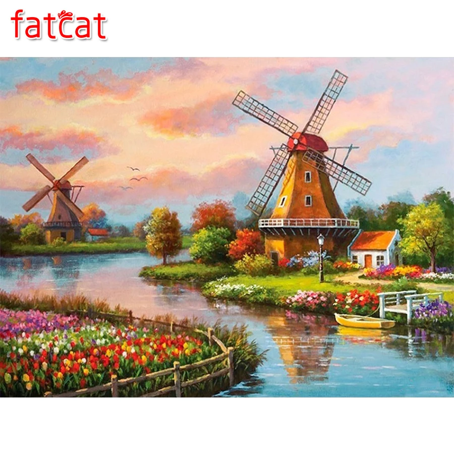 Картина FATCAT 5D сделай сам из страз ветряная мельница ландшафт квадратная круглая