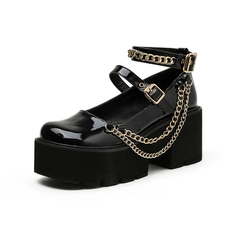 

Patent Leather Metal Chain Lolita Women's Single Shoes Round Toes Hollow Belt Buckle Thick-Soled Women Shoes Japanese Casual JK