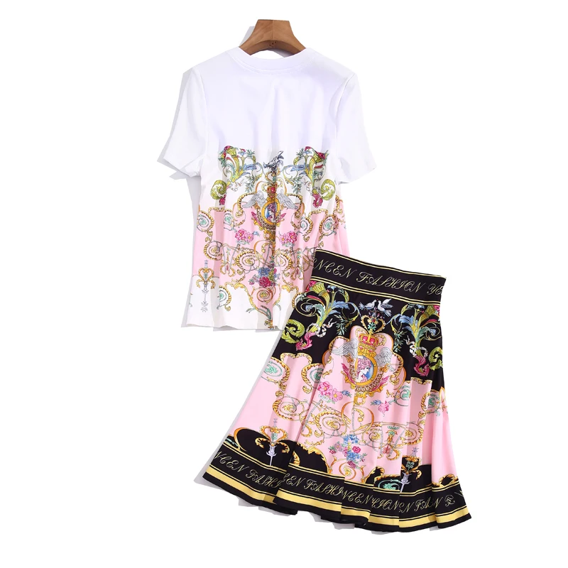 

High Quality Fashion Summer Women'S Skirt Sets Round Neck Patchwork T-Shirt Diamond Tops + Print Skirt Elegant Two-Piece Suit