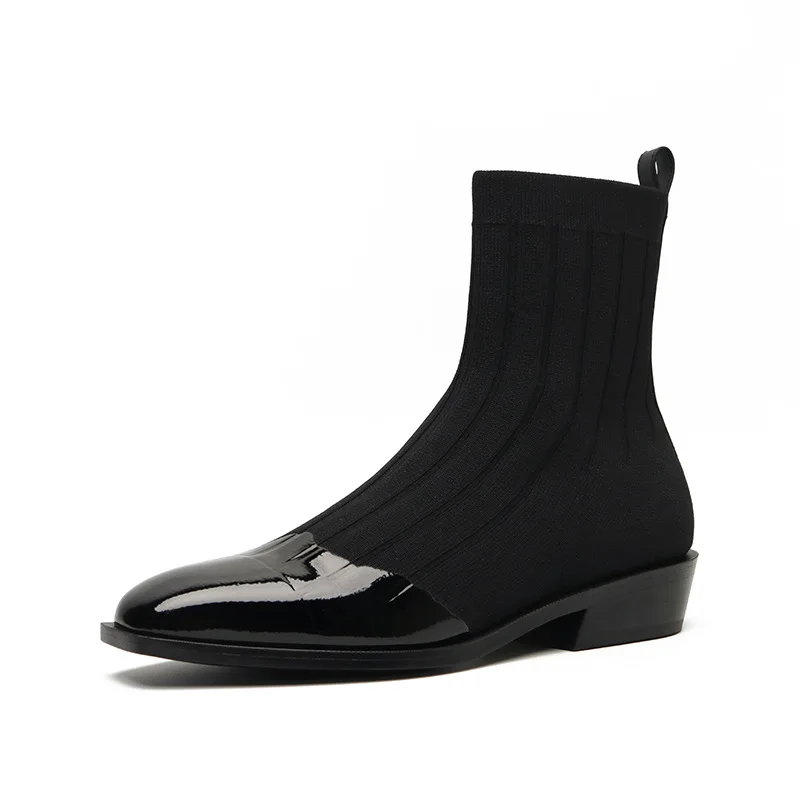 

2021 New Spring Autumn Black Blue Short Boots Patent Leather Square Head Low Heel Socks Boots Short Ankle Boots For Women