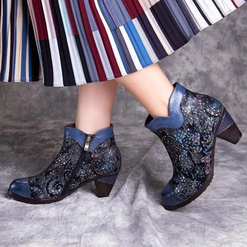 

Johnature Genuine Leather Embossing Platform Boots Women Shoes 2022 New Autumn Winter Zip Round Toe Mixed Colors Ankle Boots