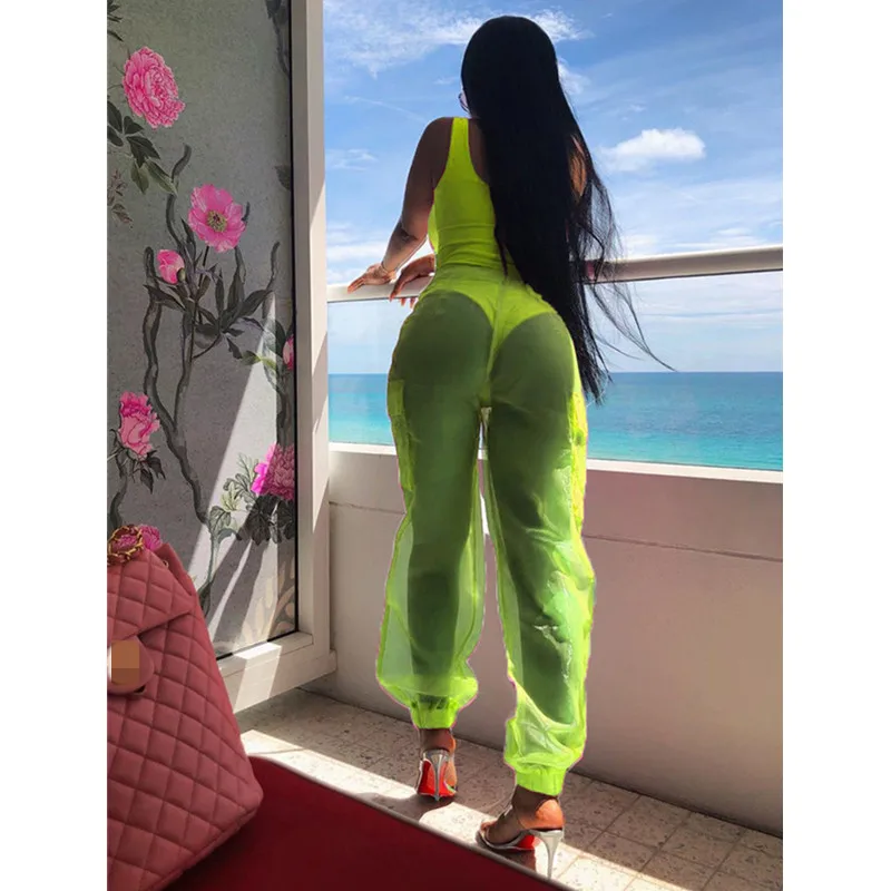 

1pc 2020 Women Transparent Pants High Waist Trousers Loose See Through Cargo Pants Streetwear Casual Pocket Pocket Trousers