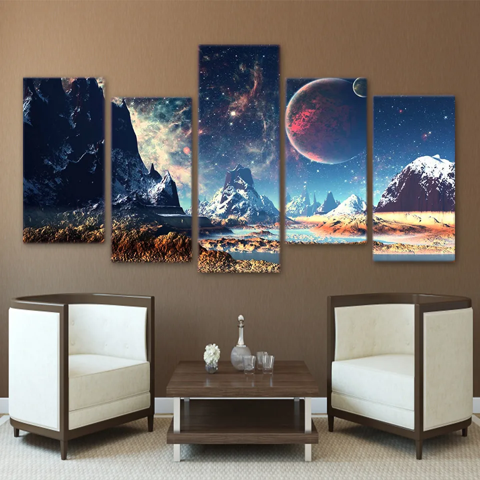 

Home Decor Canvas HD Prints Wall Art Pictures 5 Pieces Mountains And Space Painting Set Planet Snow Lake Galaxy Poster Framework