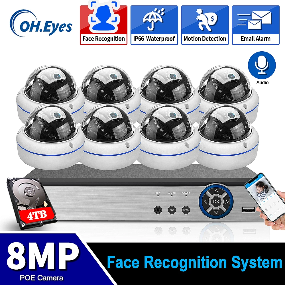 

8CH 4K POE NVR Security Camera System Kit AI Face/Audio Record 8MP IP Camera IR Dome Outdoor Waterproof CCTV Surveillance Set