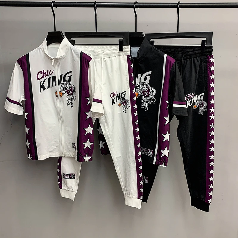 

Summer new 2021 handsome leisure men's trend personality spirit guy suit short sleeve pants two piece men's suit
