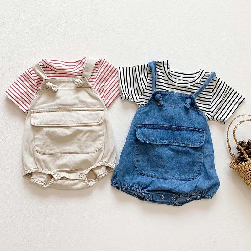 

Summer Baby Clothes Set Short-sleeved T-shirt+Denim Overalls Outfit Korean Infant Baby Girls Boys Clothing