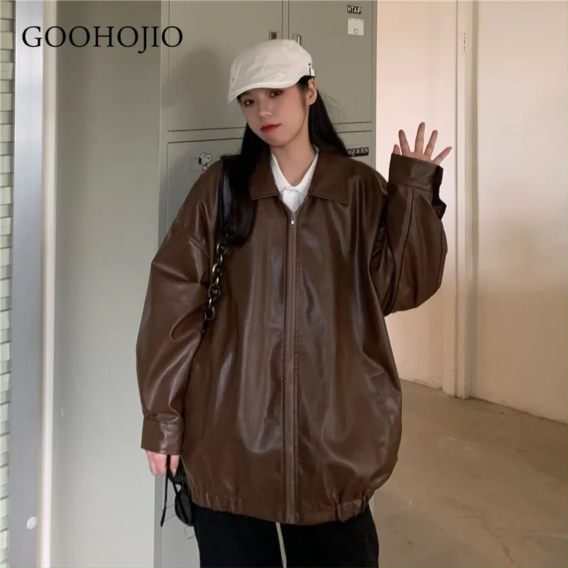 

GOOHOJIO 2021 New Arrival Women Autumn Winter Leather Jacket Oversized Boyfriend Korean Style Female Faux Coat Outwear Black