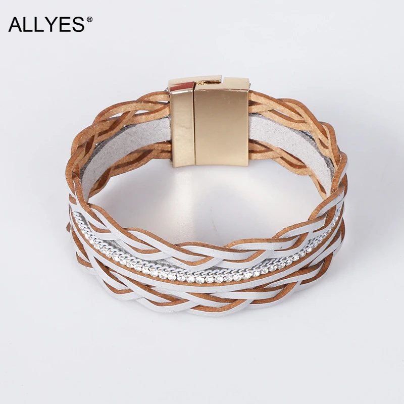 

ALLYES Braided Wave Leather Bracelets for Women Fashion Rhinestone Wrap Bracelet Bangle Female Jewelry Couple Gifts