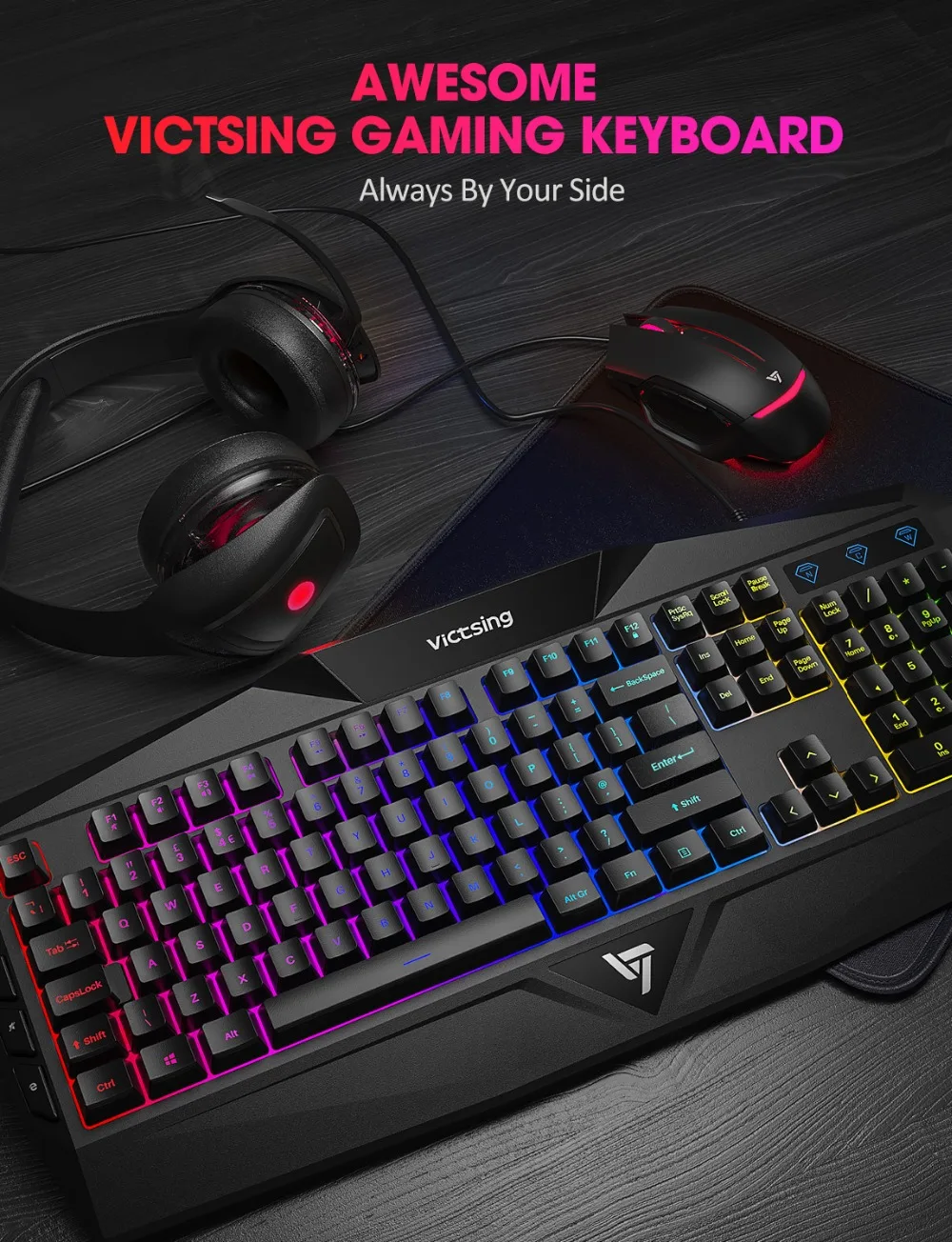 Оригинальная игровая клавиатура VicTsing PC225, RGB клавиатура с подсветкой, эргономичный дизайн, механическое ощущение, 19 ключей против привидений, 8 мультимедийных клавиш, проводная usb-клавиатура для геймера, ноутбука, компьютера