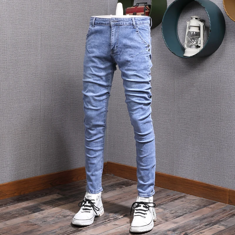 Newly Korean Fashion Men Jeans Elastic Cotton Scratch Slim Ripped Jeans Men Retro Gray Casual Designer Denim Punk Pencil Pants
