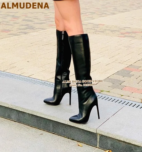 ALMUDENA сапоги до колена на тонком высоком каблуке высокие сапоги из матовой кожи черного, молочного и белого цвета облегающие женские осенне-зимние высокие сапоги, размер E46