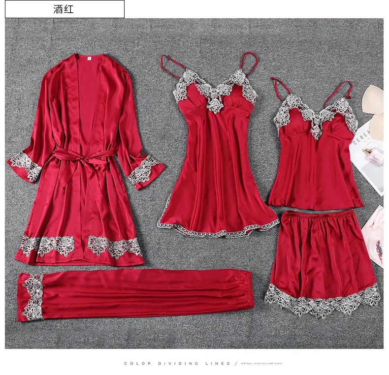 

Autumn 5PC Satin Robe Sleep Suit Sexy Silk Lace Pajamas Gown Set Womens V-Neck Cami Nighties Wear Pijama Spring Home Nightwear