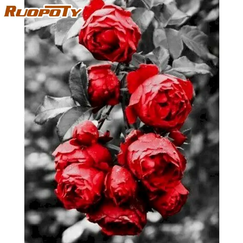 

RUOPOTY Frameless Oil Picture By Numbers Kits For Adults Hand Painted Diy Framed Red Rose Flower Painting By Number Wall Photo
