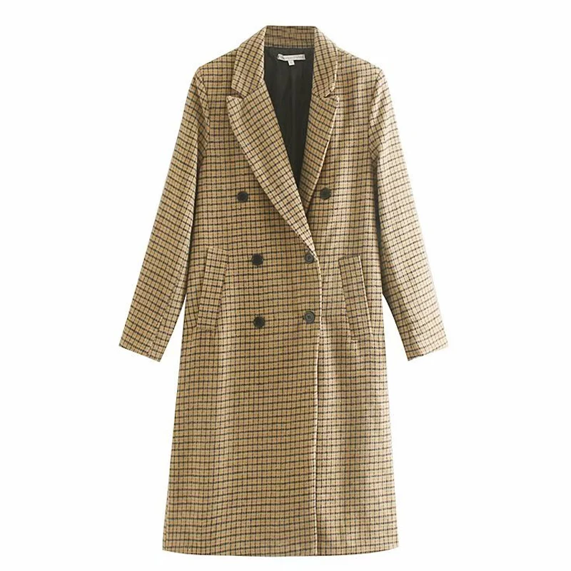 Fandy Lokar Клетчатые Шерстяные Пальто с принтом женские модные двубортные куртки