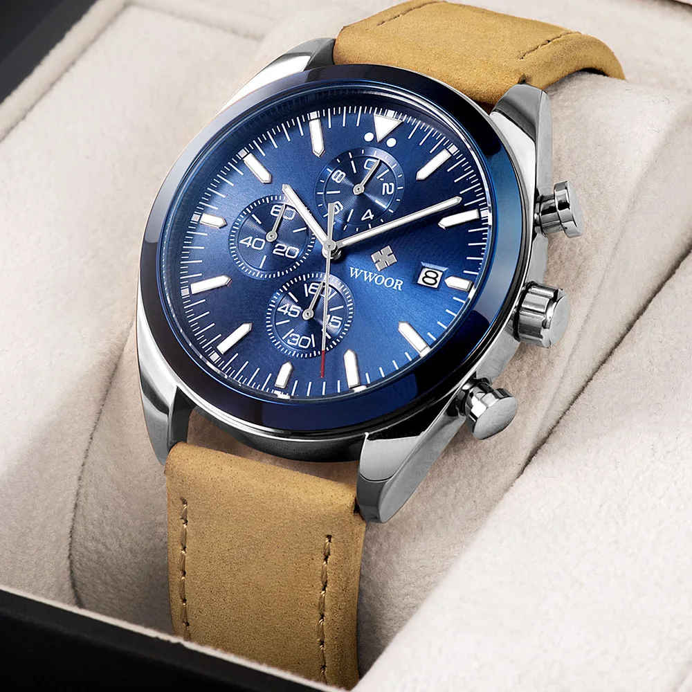 2021 Men Watches WWOOR Top Brand Luxury Leather Waterproof Quartz Watch Men Fashion Sports Chronograph Wristwatches Reloj Hombre