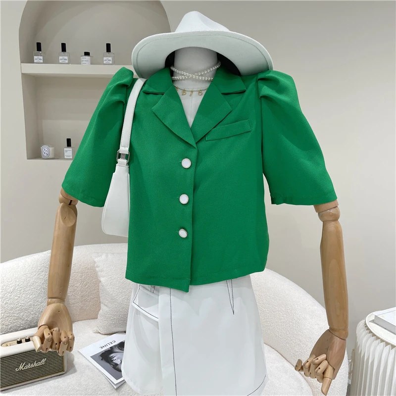 

Korean Style Women's Puff sleeve Blouse Shirt 2021 Autumn Summer Notch Female Loose Tops Yellow White Green Casual INKEO 1T032