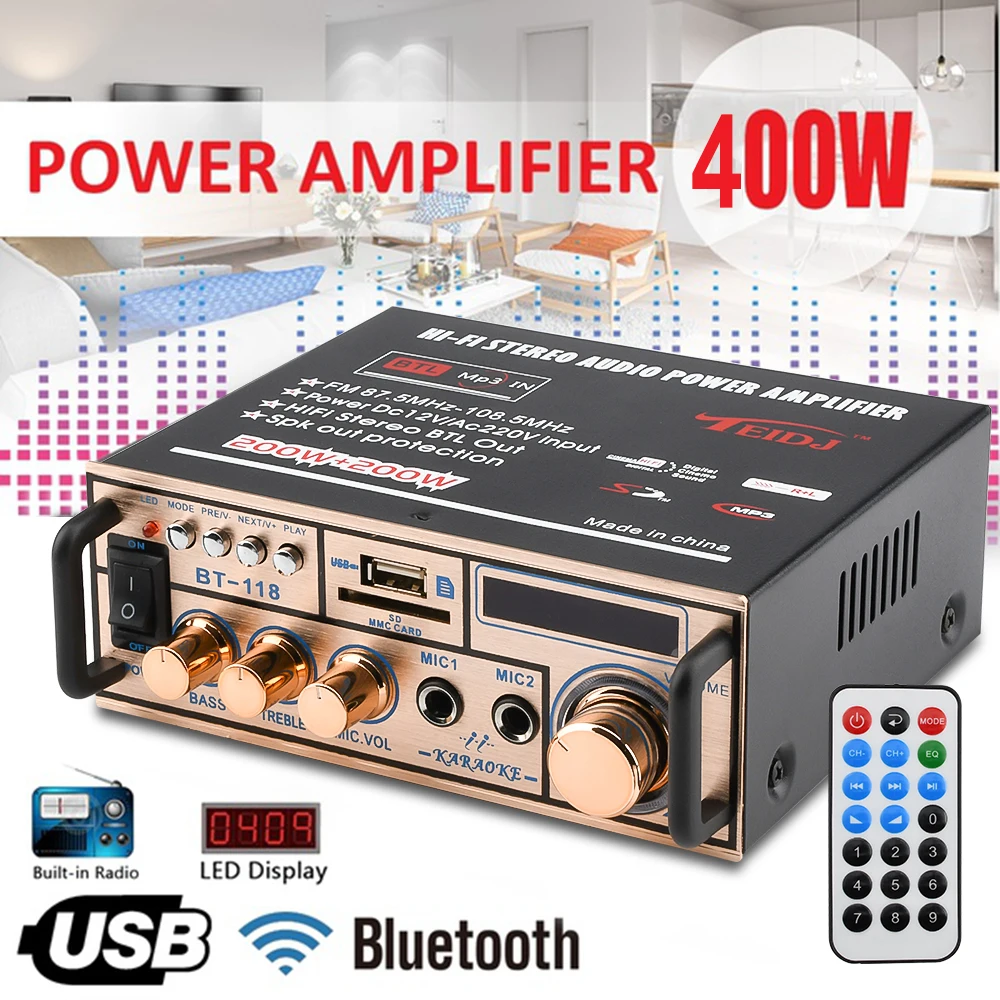 

MiNI HIFI LCD Digital Bluetooth Audio Power Amplifier Car Bass Home Theater Amplificador Speaker Treble Control FM USB SD 400W