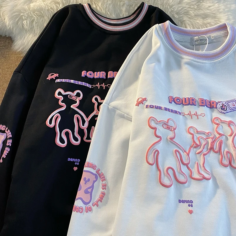 

spring Autumn thin Cotton oversized sweatshirt Women korean kawaii cartoon hoodies Harajuku Long sleeve black white Pullovers