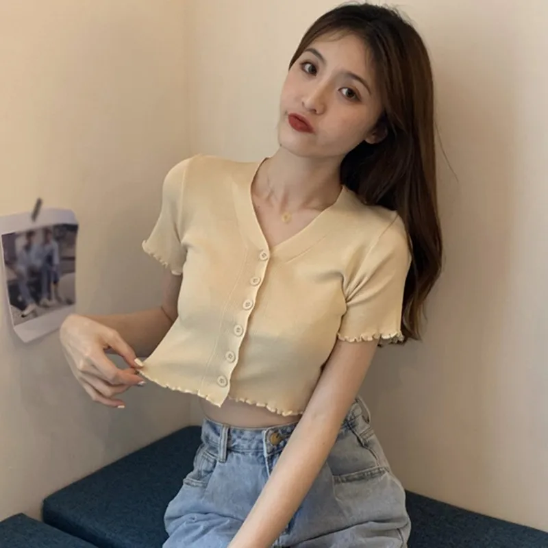 

Summer Women's Multi-color Fashion V-neck Button Short Section Exposed Navel Knitted Short-sleeved T-shirt