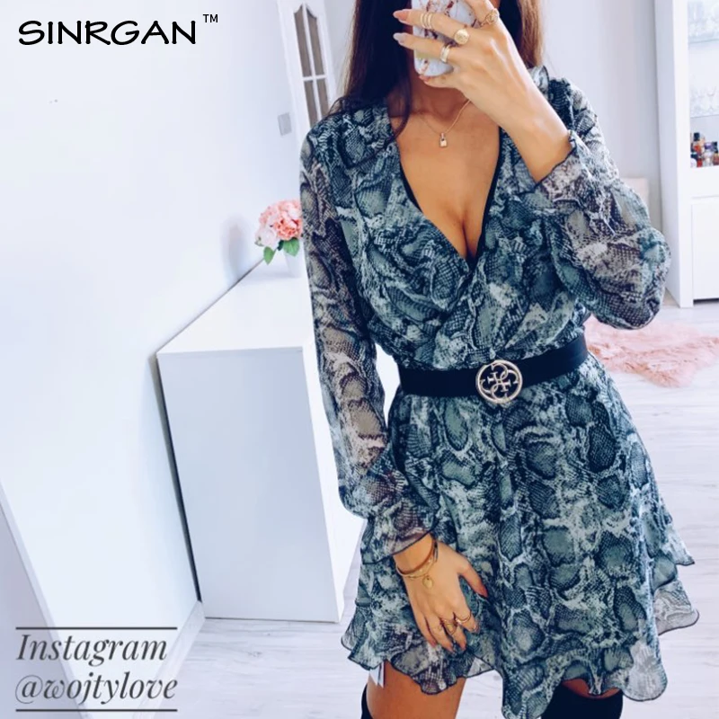 SINRGAN змея кожи принт мини-платье женщины А ЛИНИЯ с оборками мода весна-лето платье
