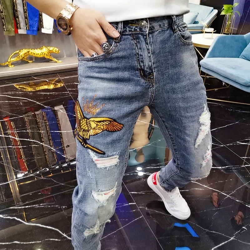 

Street Brand Gold Eagle Sequin Jeans For Men 2021 Slim Fashion Hip Hop Jeans Men Ripped Spring Autum Denim Designer Jeans Pants