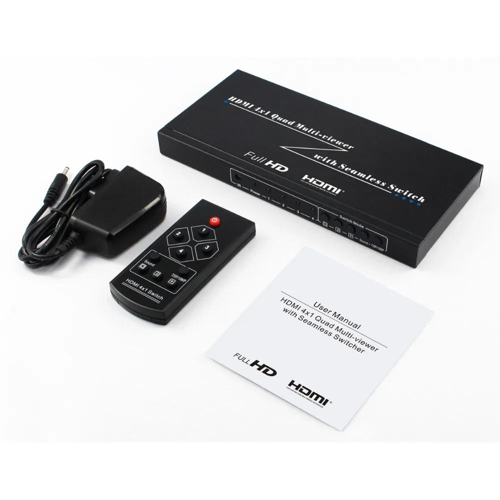 720P 1080P 4x1 HDMI switch quad multi viewer with seamless switch with IR Remote