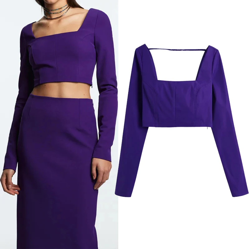 

YMQL Za Women Top Purple Crop Top Female Backless Sexy Tops Women 2021 Fashion Square Neck Long Sleeve Chic Woman Blouse
