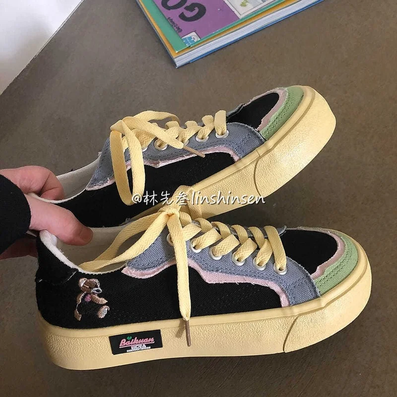 

New Sneakers for Women Sports Black Shoes Autumn Kawaii Bear Platform Flat Vulcanize Vintage Canvas Tennis Casual Designer
