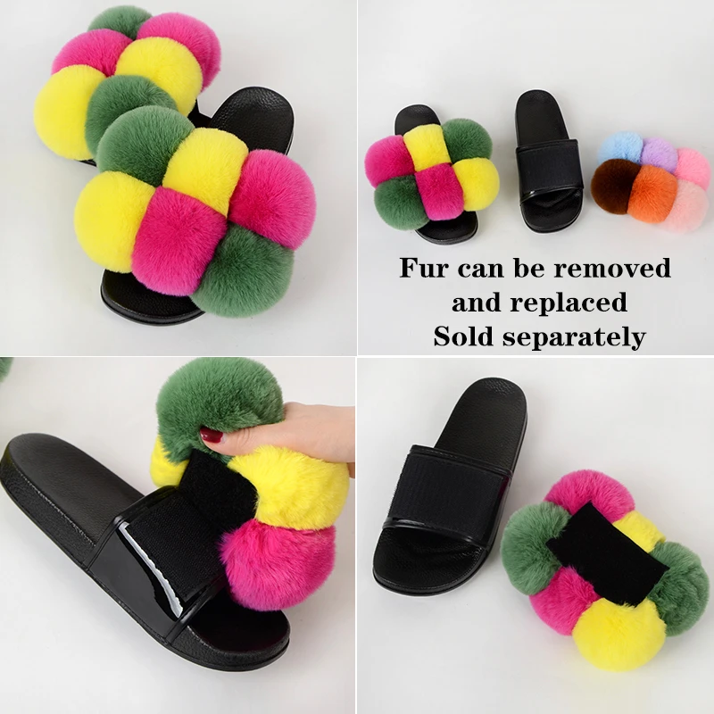 Summer Women Slippers Faux Fur Slides For Women Fluffy Slippers House Female Shoes Woman Slippers With Fur Pom Pon Furry Slides