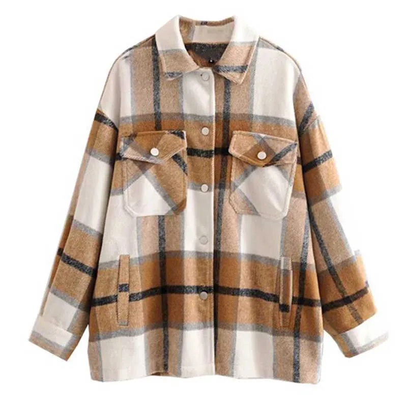 

Vintage Stylish Pockets Oversized Plaid Jacket Coat Women 2020 Fashion Lapel Collar Long Sleeve Loose Outerwear Chic Tops