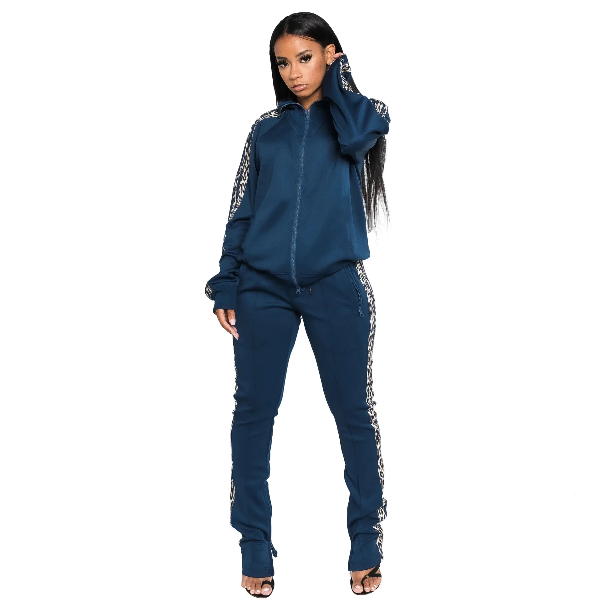 navy blue Зимние Женский комплект 2 шт., топ и штаны, Осенние, размера плюс, леопардовые спортивные костюмы из двух частей, спортивные костюмы, комплект одежды - Цвет: navy blue