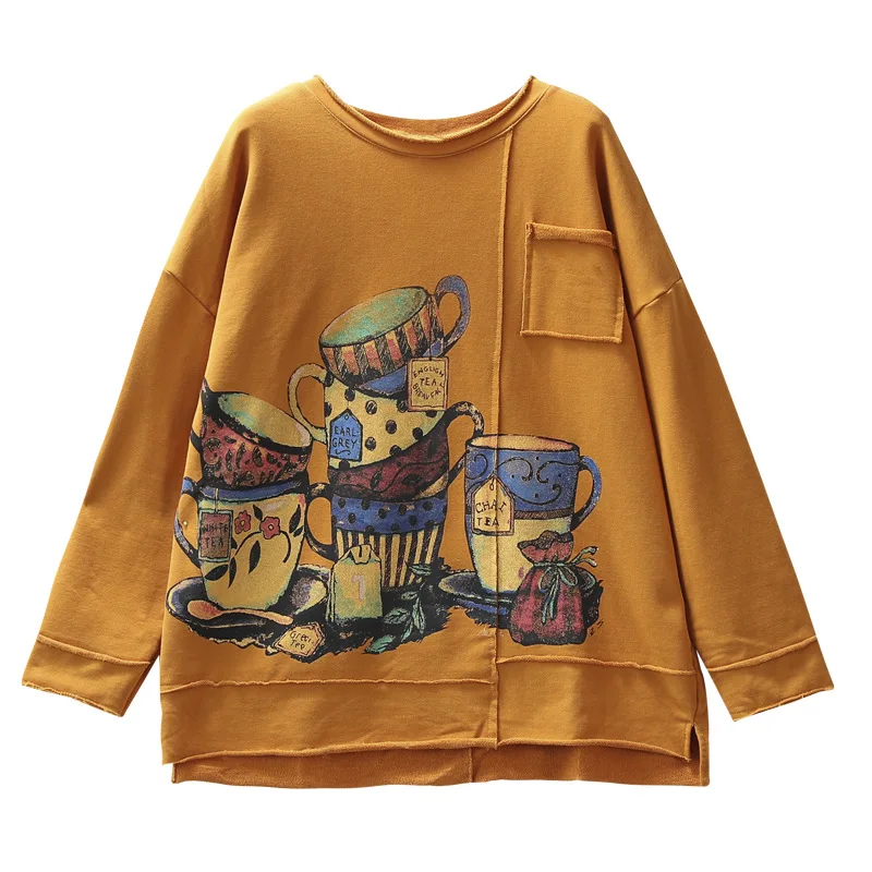 Осенняя футболка Женская Ретро свободные пуловеры большого размера 2019 новые