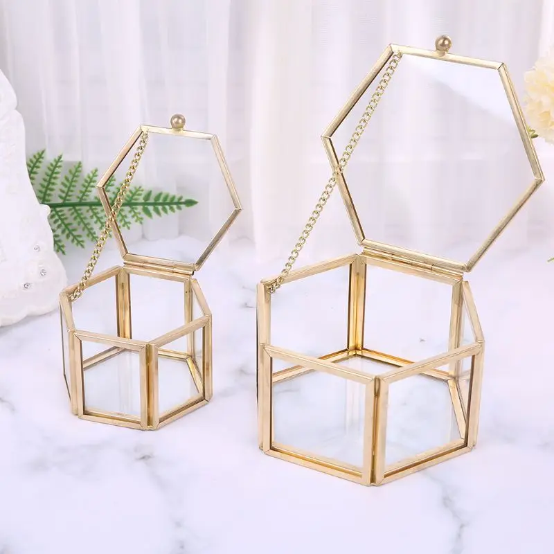 

Nordic Hexagon Transparent Glass Wedding Ring Box Eternal Flower Storage Decor U50C