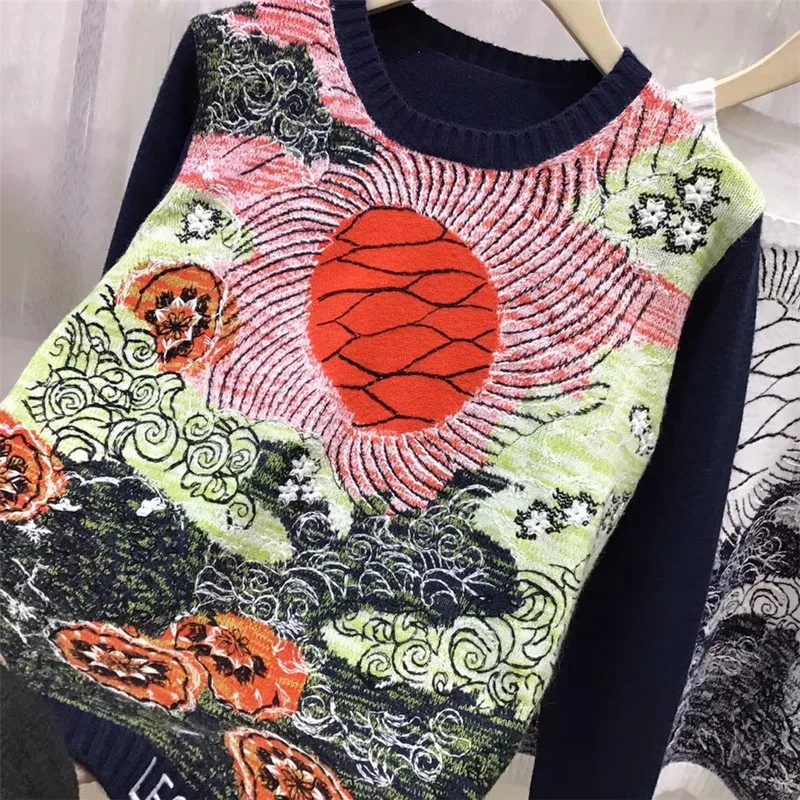 

New American fashion knitted sweater early spring 2020 sunrise embroidery round neck long sleeve women s short top