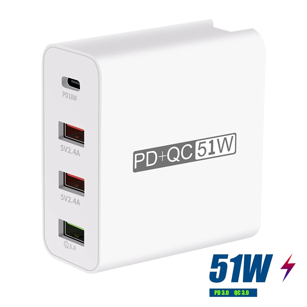 4 Ports USB PD Charger 51W Type C QC 3.0 4.0 Quick Charge Wall Charger For iPhone Huawei Xiaomi Fast Charging USB Power Adapter