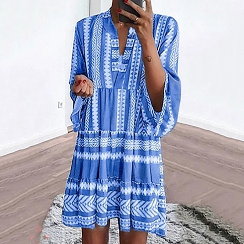 

Summer New Boho Dress Casual Loose Striped Mini Dresses Mini Women 2021 Bohemian Short Beach Dress V-Neck Sundress Femme Vestido