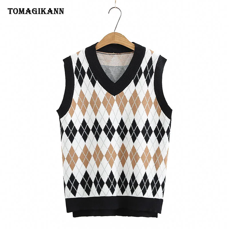 

Preppy Style Argyle Contrast Colors V Neck Knitted Vests Women Casual Sleeveless Oversized Sweater Pullovers Sweater Waistcoat