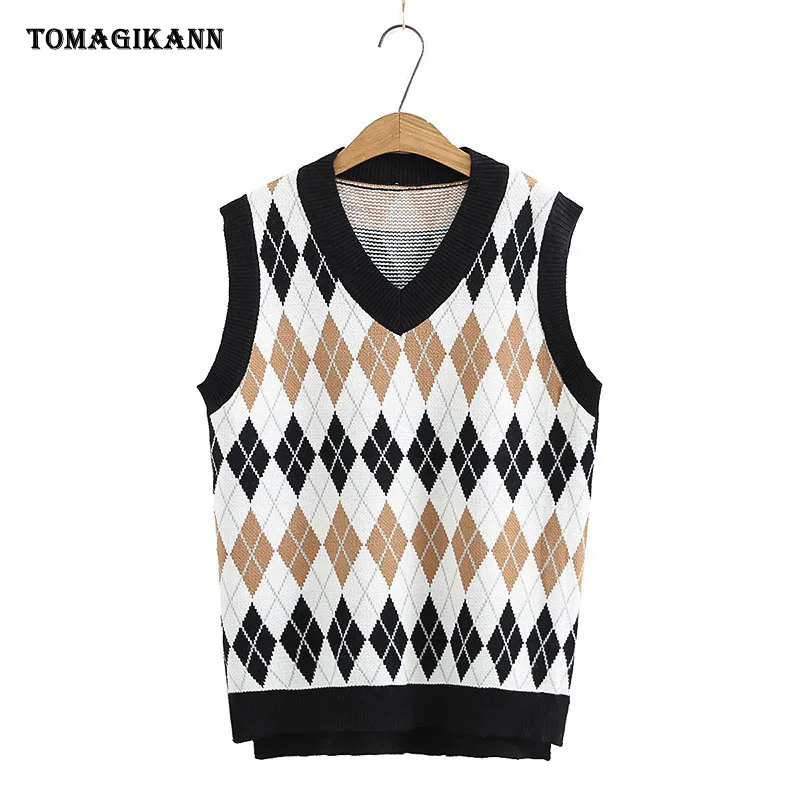 Preppy Style Argyle Contrast Colors V Neck Knitted Vests Women Casual Sleeveless Oversized Sweater Pullovers Waistcoat | Женская одежда