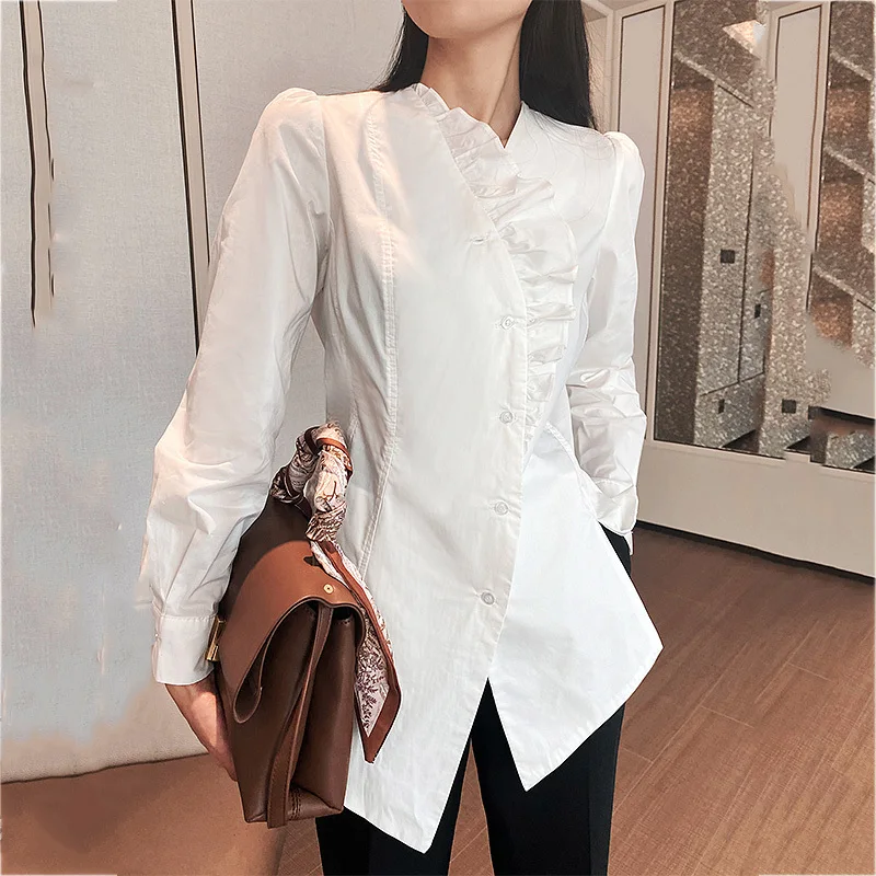 

Women White Ruffles Irregular Blouse Lapel Long Sleeve Loose Fit Lady Shirt Fashion Tide Summer 2021 New Arrivals E056