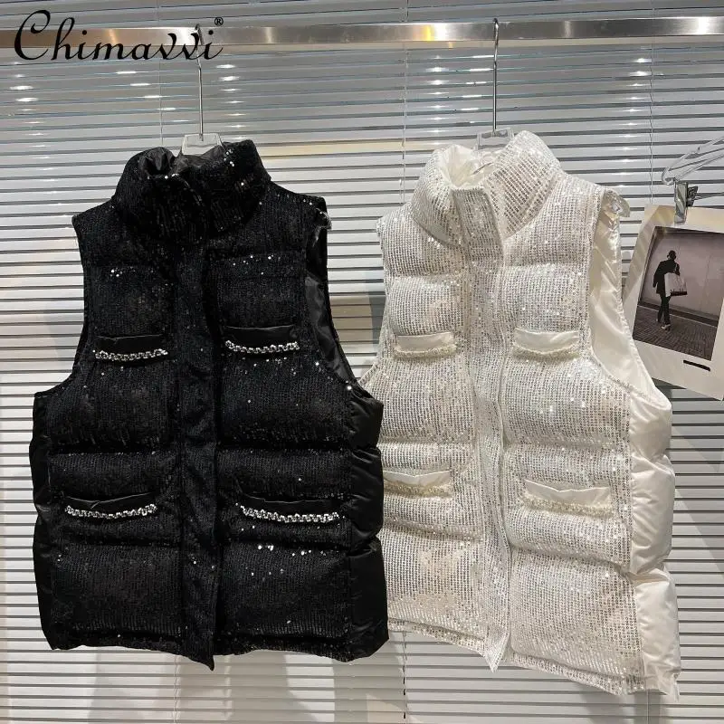 

2021 New Winter Clothes Fashion Sequined Pocket Beaded Thermal Cotton-Padded Coat Loose Slimming Streetwear Cotton Padded Vest