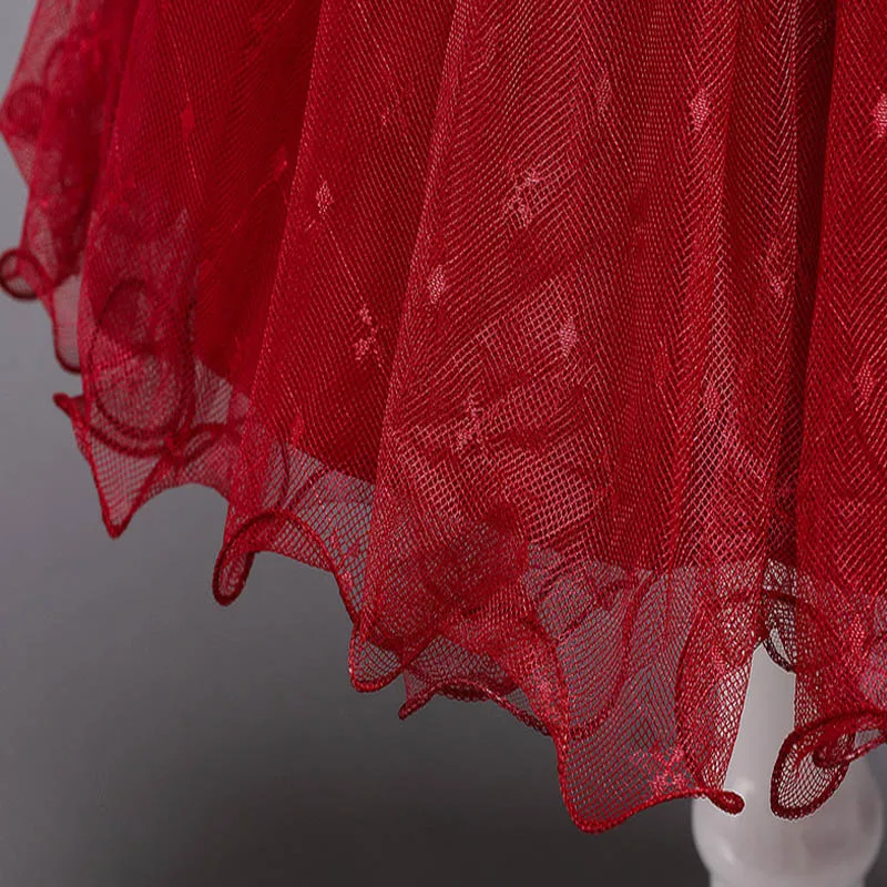 

Flower Girls Dresses Illusion Bow Lace Tulle O-Neck Knee-Length Short Embroidery Luxury Red Pearls Kids Party Princess Gown F160