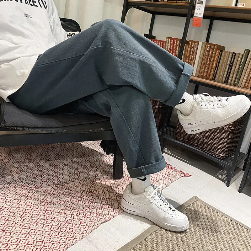 

Spring Summer Cotton Wide-leg Pants Men's Fashion Solid Color Casual Pants Men Streetwear Loose Hip-hop Straight-leg Pants Mens