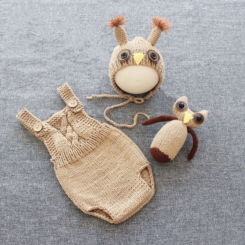 

Baby Photography Clothing Owl Hat+Suspenders+Doll 3Pcs/set Infant Photo Props Accessories Studio Baby Shoot knitting Clothes