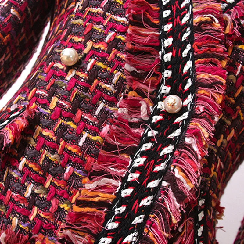

Red tweed jacket Double-breasted border beaded Autumn/winter women's jacket coat new socialite Slim ladies coat