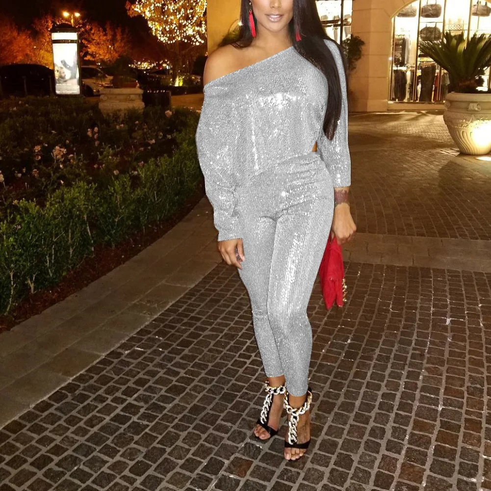 Один комплект Женская Блестящая рубашка с открытыми плечами и длинными рукавами