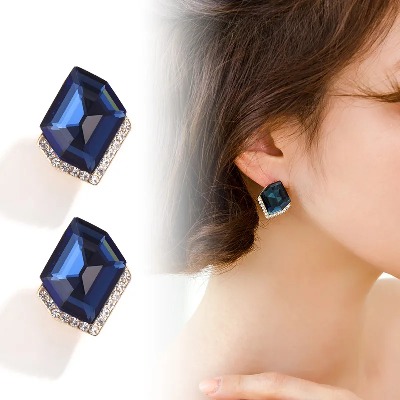 

CHIMERA Luxury Korean Stud Earrings Blue Crystal Zircon Stone Fashion Geometric Vintage Jewelry for Women Ladies
