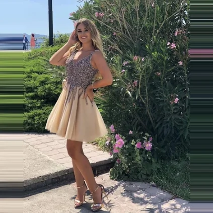Короткие платья цвета шампанского для встречи выпускников блестки v-образный